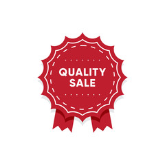 Quality sale label. Market tag design for discount proposition. Premium quality round red badge with ribbons isolated on white background. Shopping promotion and sale advertising vector illustration.