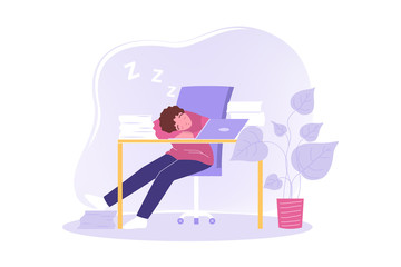 Overworking, sleep, freelnace, office, fatigue, stress, business concept. Tired exhausted businessman freelancer clerk manager character sleeps on workplace at office. Overworking and stress at work.