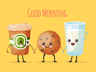 Good morning funny cartoon character, cup of tea coffee, sweet cookie biscuit and milk glass vector illustration. Drawn cheerful person hold hand, amusing contented luncheon foodstuff.