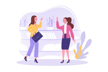 Friendship, greeting, meeting, business concept. Young happy businesswomen friends partners employees colleagues greeting each other at work office. Business meeting of clerks managers together vector