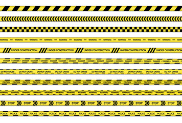 Caution tape set of yellow warning ribbons. Tapes for restriction and dangerous zones. Set of Warning, Under Construction, Stop, Danger  Do not cross, tapes