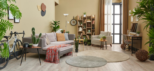 Brown living room corner concept, frame and coffee table and cabinet decor.