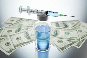 Syringe and vaccine with 100 Dollar notes