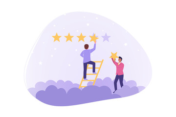 Star, rating, top, estimation, certification concept. Young men boys customers characters putting top star rating to services. Online assessment market estimation business certification illustration.