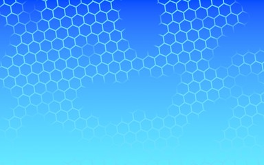 Translucent, with breaks, honeycomb on a gradient blue sky background. Perspective view on polygon look like honeycomb. Isometric geometry. 3D illustration