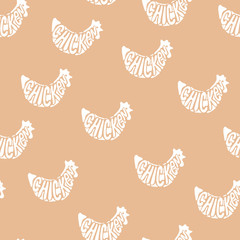 Chicken Seamless Texture Pattern Hand Drawn Engrave Style Sketch. Vector illustration. 