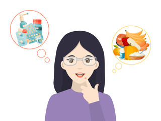 Person dream healthy food and medical drug isolated on white, flat vector illustration. Character wholesome female think valuable life, improve health vitamin food additive proper nutrition.