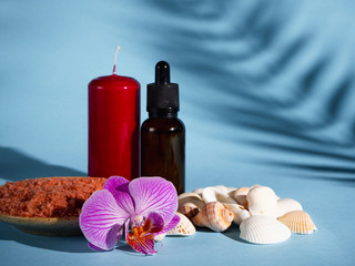Orange bath salt in a saucer with shells and flower on a blue background with a shadow from a...