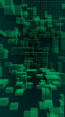 Green and dark abstract digital and technology background. The pattern with repeating rectangles. 3D illustration