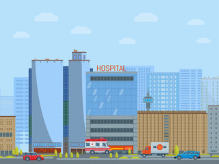 Urban city hospital concept megalopolis street flat vector illustration. Clinical medical institution ambulance car, town background. Therapeutic educational establishment building.