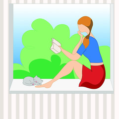 a girl is sitting on the windowsill with a cat, reading a book