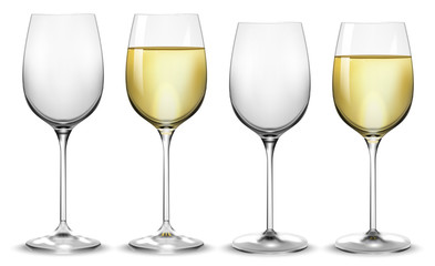 Full and empty white wine glasses. Vector