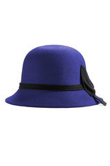 Subject shot of a royal blue cloche hat decorated with a wide black band and a bow knot. The stylish hat is isolated on the white backdrop.