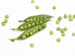 Fresh green peas in pods isolated on white background