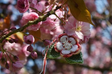 Handmade crocheted flower, with a red and white string, known as Martisor, on a blossoming cherry...