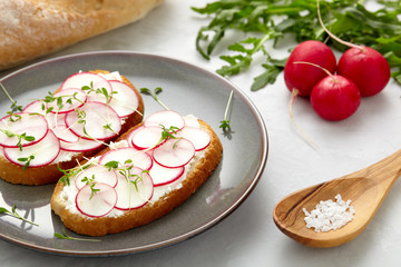 Delicious sandwiches with soft cream cheese and radish. Vegetarian food.