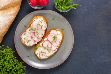 Delicious sandwiches with soft cream cheese and radish. Vegetarian food.