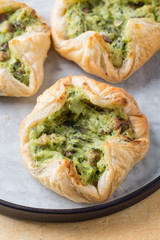 
 Homemade spinach  puffs with feta  onion and chicken