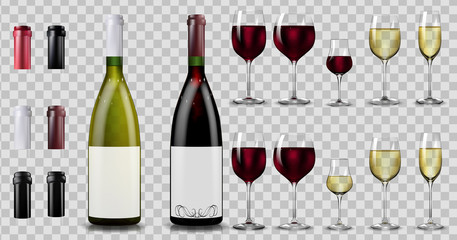 Fototapeta Red and white wine bottles and glasses. Realistic mockup obraz