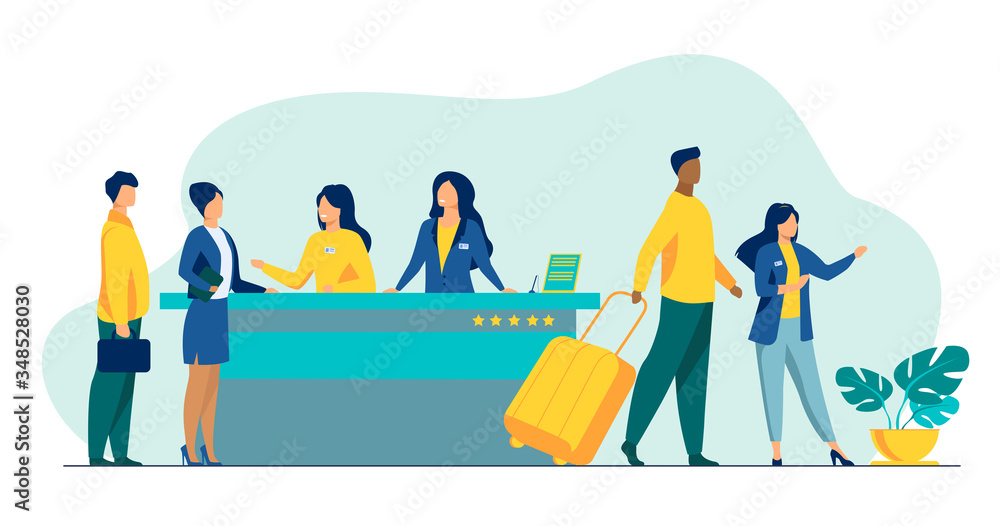 Poster friendly receptionists from hotel registration desk help client vector illustration. people waiting 