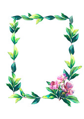 Floral frame with pink Flowers and leaves. Hand painted texture. Spring blossom of Magnolia. Foliage border for greeting, inviting, wedding, birthday card