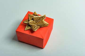 christmas presents nicely decorated with bows and feathers. view from above. Reindeers