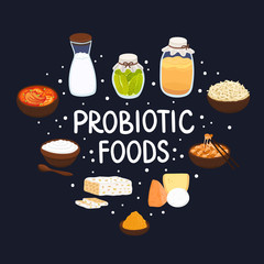 Vector probiotic foods. Best sources of probiotics. Beneficial bacteria improve health. Design is for label, brochure, menu, poster, advertising banner, article about diets, healthy proper nutrition
