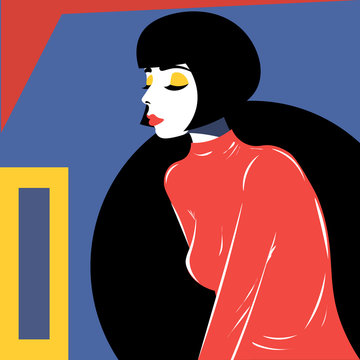Young woman model in profile in pop art style. Sexy girl for advertising with bright hair