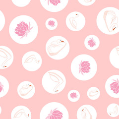 White swans, water lily and bubbles seamless pattern on pink background