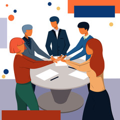 A company of people stand with their hands together. Illustration in a flat style on a business theme.