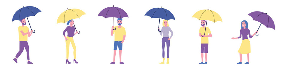 Set of people with umbrellas. Flat style. Vector illustration
