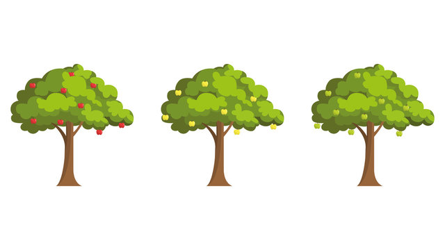 Set of apple trees with different fruits. Trees in the garden. Flat style.
