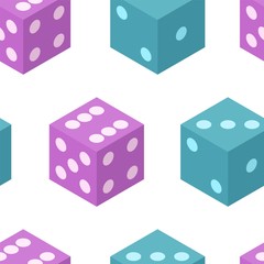 Isometric seamless pattern with elements of dices in purple and birch color on a white background. For use as a gift card, invitations, packaging paper, printing on banners and posters.
