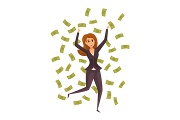 Money, success, profit, wealth, business concept. Young happy smiling rich businesswoman clerk manager cartoon character standing under pouring cash rain. Financial luck or income raising illustration