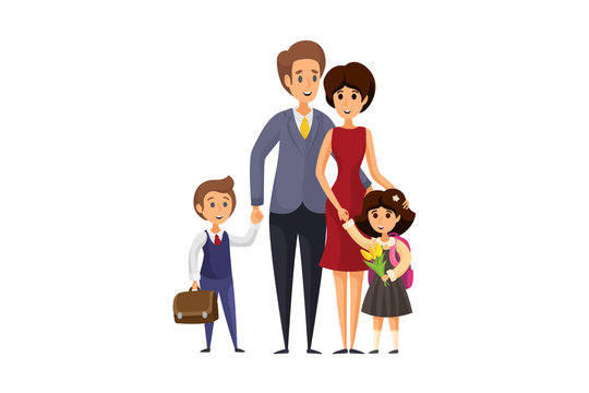 Back to school concept. Young happy family cartoon characters man father woman mother with children kids son and daughter at knowledge day. Starting education, beginning of academic year illustration.