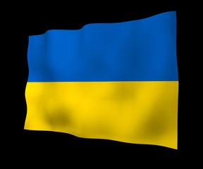 The flag of Ukraine on a dark background. National flag and state ensign. Blue and yellow bicolour. 3D illustration waving flag