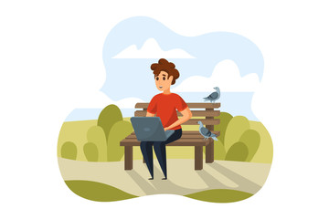Freelance, remote work, business concept. Young businessman man or boy freelancer cartoon character sitting on bench in park and working remotely. Preparation to exams or social media communication.