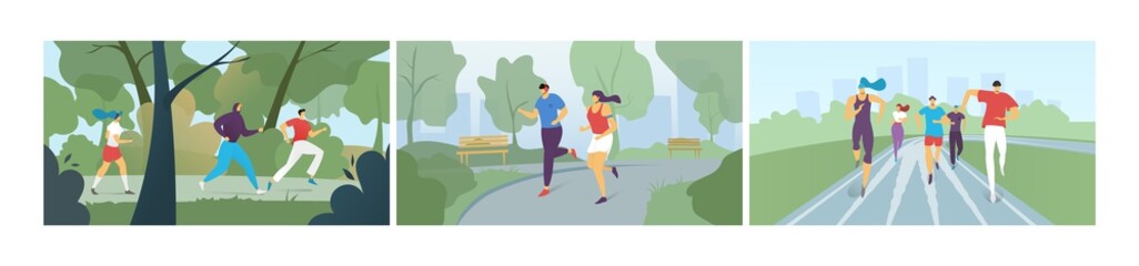 Running marathon people, jogging, doing sport excercise, competition set of flat vector illustrations banners. Runners in park, outdoor motion and healthy lifestyle, speed run for active people.