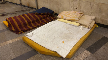 Here slept homeless people outdoors in the city