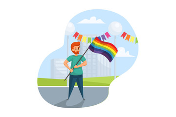 Activism, lgbt, parade concept. Young happy man gay activist takes part at street demonstration for sexual minorities rights with rainbow flag. Tolerance demand and protest against sex discrimination.