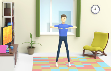 Young man is doing physical exercises at home in the room on the carpet. 3D illustration