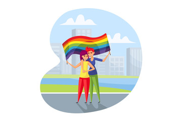 Lgbt activism, parade concept. Homosexual man woman gay lesbian activists taking part at street demonstration for sexual minorities rights with rainbow flag. Protest against sex discrimination vector.