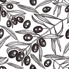 Seamless pattern with olive branches, olives and olive tree leaves. Hand made drawing. Black outlines on white background. Fruit and food themes. Great for wallpaper, textile, poster, cards.