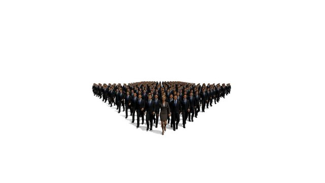 Businessmen with a businesswoman in front forming arrow shape pointing down, 4K, against white