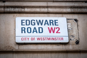 LONDON- Edgware Road street sign, a landmark street known for its nightlife and Arabic influence 