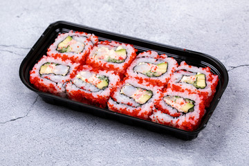 Sushi roll sushi with prawn, avocado, cream cheese, sesame. Sushi menu. Japanese food.