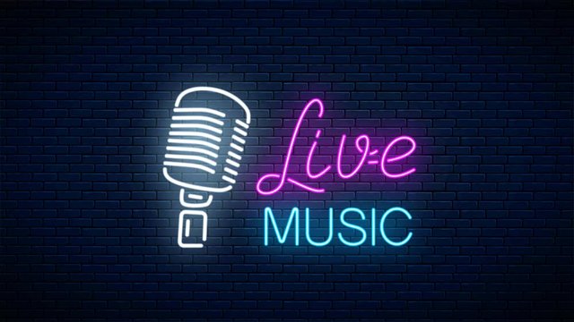 Neon sign of nightclub with live music with retro microphone and animated text on dark brick wall background. Glowing street sign animation of bar with karaoke and live singers. Sound cafe icon.
