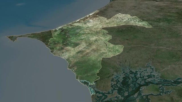 Thi&egrave;s, region with its capital, zoomed and extruded on the satellite map of Senegal in the conformal Stereographic projection. Animation 3D