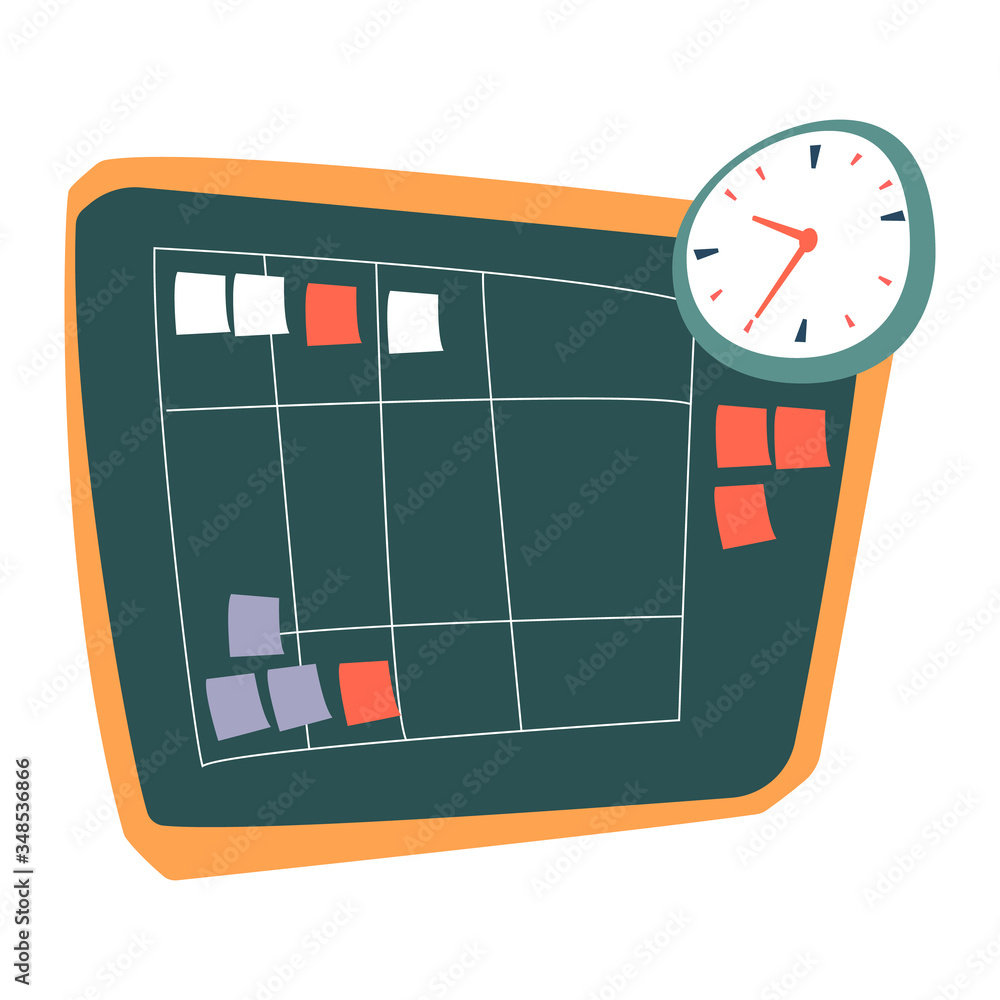 Poster taskboard with squared table and stickers vector. time management and workflow organization. increas