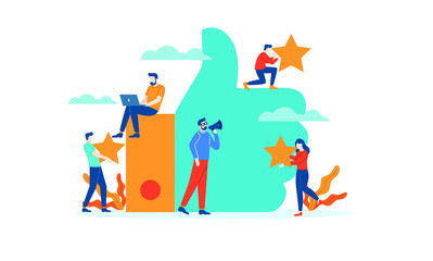 Thumbs Up Review rating people give feedback flat illustration